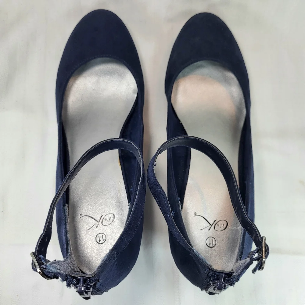 It's Ok Amal Blue SHOES Womens Size 11 Wedge Heels Strapped Ankle Zip Closed Toe